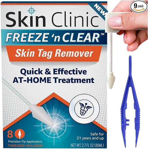 Skin Clinic FREEZE 'n CLEAR Skintag Remover - Cryogenic Kit (8 - Applicators + Tweezers), Freezing Tag Treatment Solution for Adults