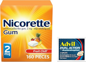 Nicorette 2 mg Nicotine Gum to Help Quit Smoking - Fruit Chill Flavored Stop Smoking Aid, 1-Pack, 160 Count, Plus Advil Dual Action Coated Caplets with Acetaminophen, 2 Count